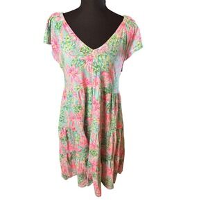 Lilly Pulitzer Pink Aqua Floral Sea Turtle Tiered Cotton Knit Dress Small